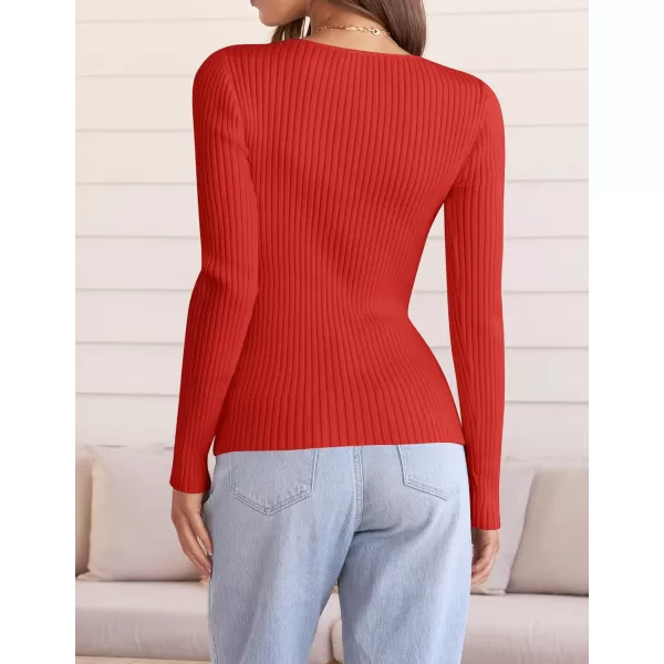 ZESICA Womens 2024 Fall Long Sleeve V Neck T Shirts Ribbed Knit Sweater Slim Fit Solid Basic Casual Tee TopsFirered