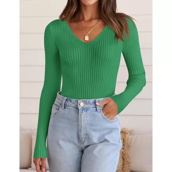ZESICA Womens 2024 Fall Long Sleeve V Neck T Shirts Ribbed Knit Sweater Slim Fit Solid Basic Casual Tee TopsGreen