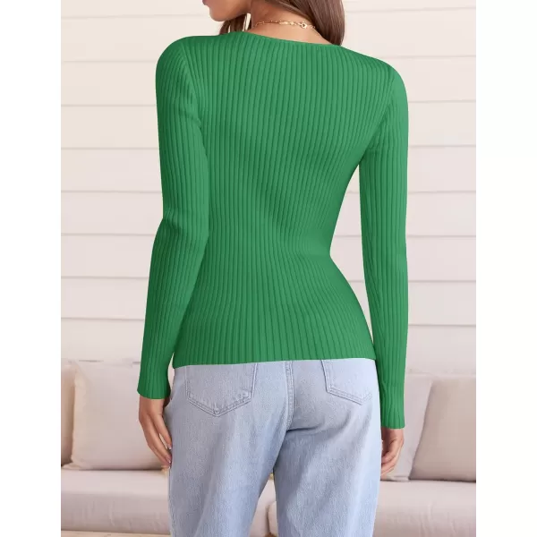 ZESICA Womens 2024 Fall Long Sleeve V Neck T Shirts Ribbed Knit Sweater Slim Fit Solid Basic Casual Tee TopsGreen