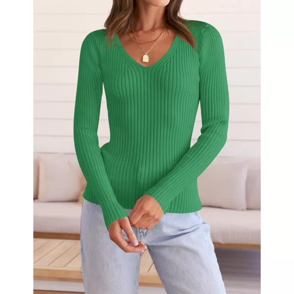 ZESICA Womens 2024 Fall Long Sleeve V Neck T Shirts Ribbed Knit Sweater Slim Fit Solid Basic Casual Tee TopsGreen
