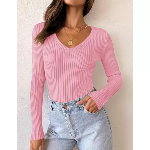 ZESICA Womens 2024 Fall Long Sleeve V Neck T Shirts Ribbed Knit Sweater Slim Fit Solid Basic Casual Tee TopsHotpink