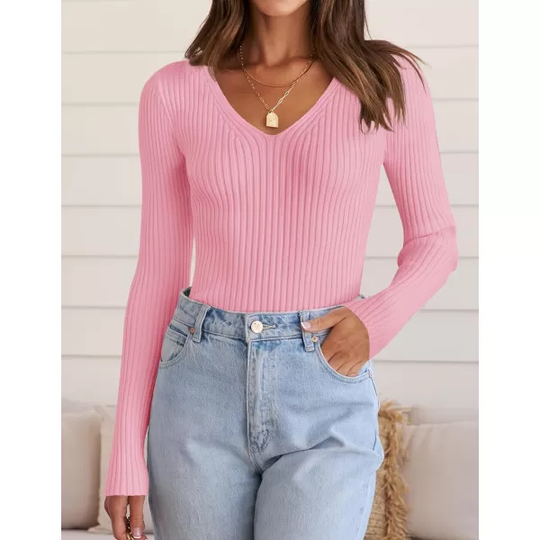ZESICA Womens 2024 Fall Long Sleeve V Neck T Shirts Ribbed Knit Sweater Slim Fit Solid Basic Casual Tee TopsHotpink
