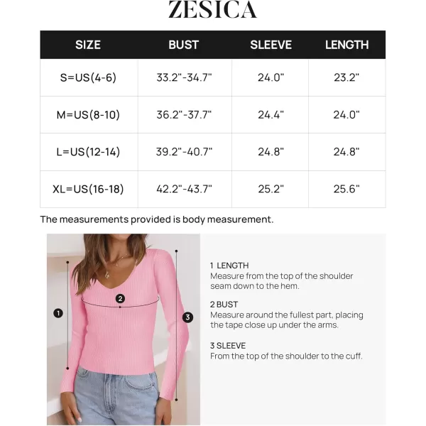 ZESICA Womens 2024 Fall Long Sleeve V Neck T Shirts Ribbed Knit Sweater Slim Fit Solid Basic Casual Tee TopsHotpink