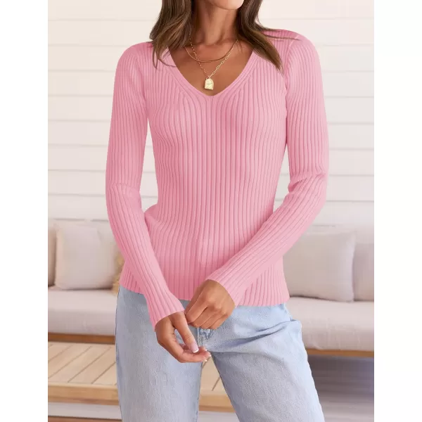 ZESICA Womens 2024 Fall Long Sleeve V Neck T Shirts Ribbed Knit Sweater Slim Fit Solid Basic Casual Tee TopsHotpink