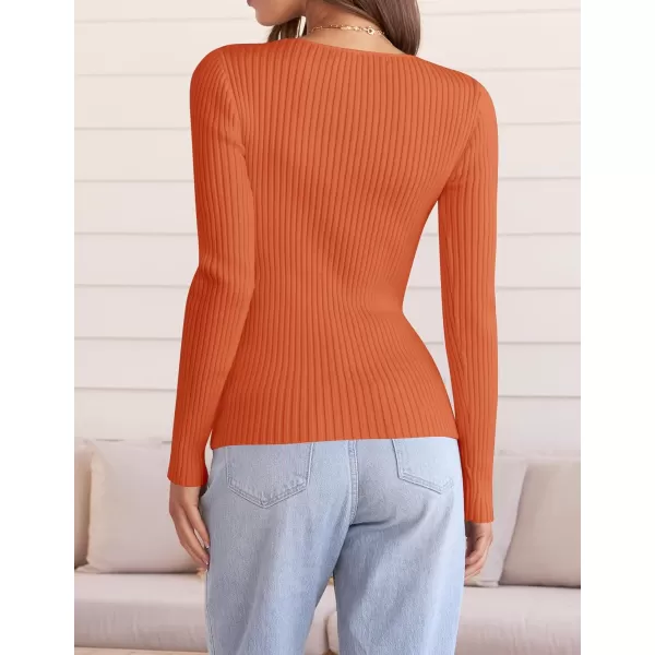 ZESICA Womens 2024 Fall Long Sleeve V Neck T Shirts Ribbed Knit Sweater Slim Fit Solid Basic Casual Tee TopsOrange
