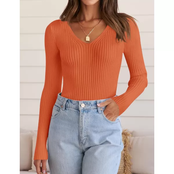 ZESICA Womens 2024 Fall Long Sleeve V Neck T Shirts Ribbed Knit Sweater Slim Fit Solid Basic Casual Tee TopsOrange