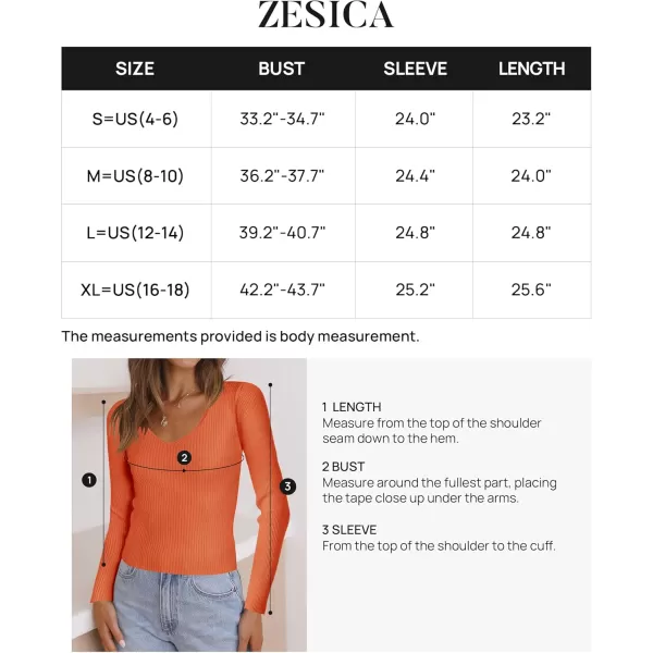 ZESICA Womens 2024 Fall Long Sleeve V Neck T Shirts Ribbed Knit Sweater Slim Fit Solid Basic Casual Tee TopsOrange