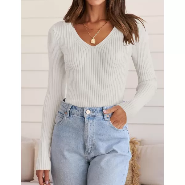 ZESICA Womens 2024 Fall Long Sleeve V Neck T Shirts Ribbed Knit Sweater Slim Fit Solid Basic Casual Tee TopsWhite