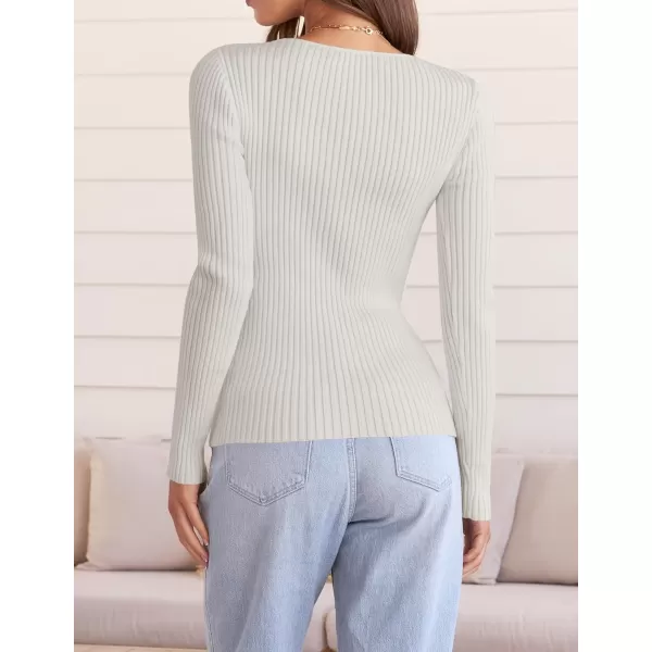 ZESICA Womens 2024 Fall Long Sleeve V Neck T Shirts Ribbed Knit Sweater Slim Fit Solid Basic Casual Tee TopsWhite