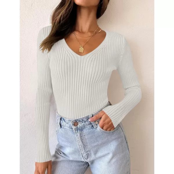 ZESICA Womens 2024 Fall Long Sleeve V Neck T Shirts Ribbed Knit Sweater Slim Fit Solid Basic Casual Tee TopsWhite