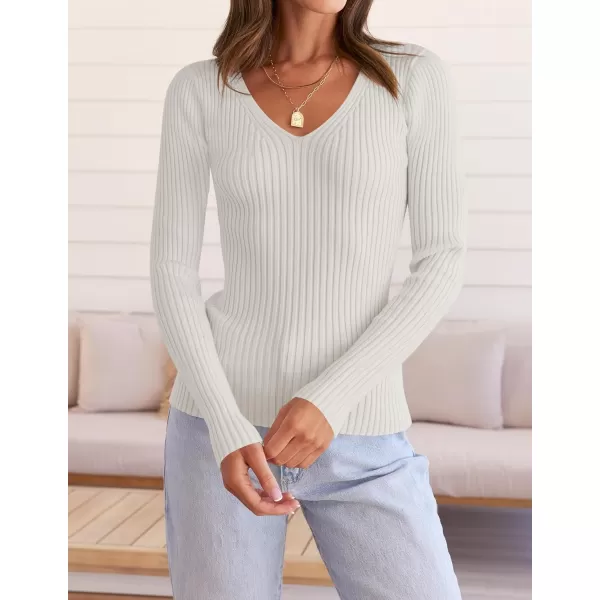 ZESICA Womens 2024 Fall Long Sleeve V Neck T Shirts Ribbed Knit Sweater Slim Fit Solid Basic Casual Tee TopsWhite