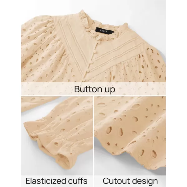 ZESICA Womens Casual Blouse Tops Puff Long Sleeve Button V Neck Hollow Out Eyelet Lace Embroidered 2024 Shirt DressyApricot