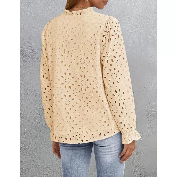 ZESICA Womens Casual Blouse Tops Puff Long Sleeve Button V Neck Hollow Out Eyelet Lace Embroidered 2024 Shirt DressyApricot