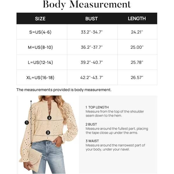 ZESICA Womens Casual Blouse Tops Puff Long Sleeve Button V Neck Hollow Out Eyelet Lace Embroidered 2024 Shirt DressyApricot