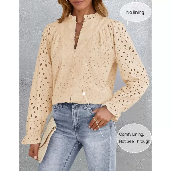 ZESICA Womens Casual Blouse Tops Puff Long Sleeve Button V Neck Hollow Out Eyelet Lace Embroidered 2024 Shirt DressyApricot