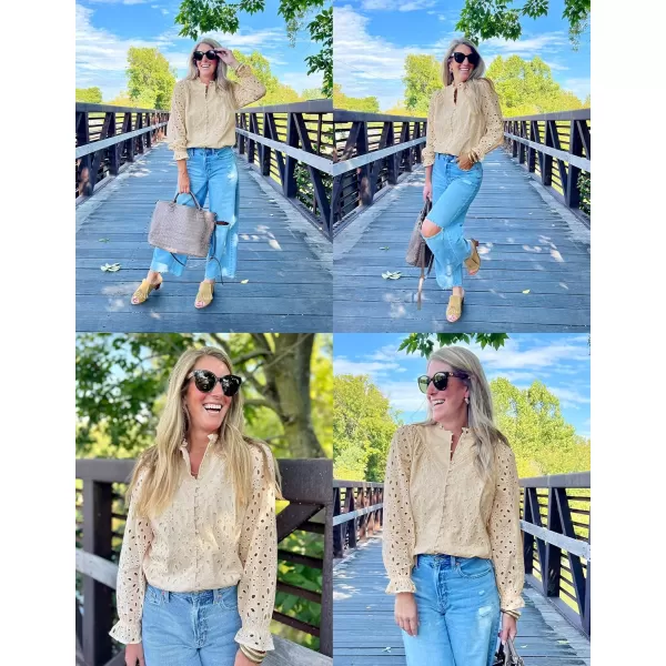 ZESICA Womens Casual Blouse Tops Puff Long Sleeve Button V Neck Hollow Out Eyelet Lace Embroidered 2024 Shirt DressyApricot