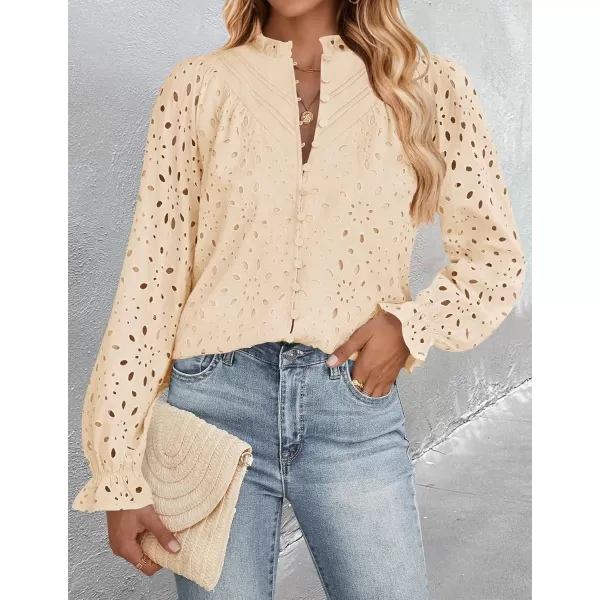 ZESICA Womens Casual Blouse Tops Puff Long Sleeve Button V Neck Hollow Out Eyelet Lace Embroidered 2024 Shirt DressyApricot