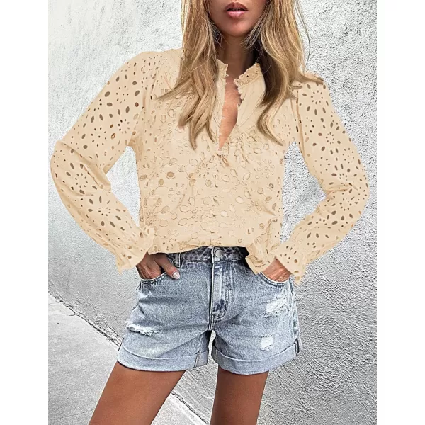 ZESICA Womens Casual Blouse Tops Puff Long Sleeve Button V Neck Hollow Out Eyelet Lace Embroidered 2024 Shirt DressyApricot