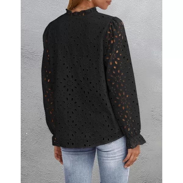 ZESICA Womens Casual Blouse Tops Puff Long Sleeve Button V Neck Hollow Out Eyelet Lace Embroidered 2024 Shirt DressyBlack