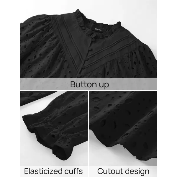 ZESICA Womens Casual Blouse Tops Puff Long Sleeve Button V Neck Hollow Out Eyelet Lace Embroidered 2024 Shirt DressyBlack