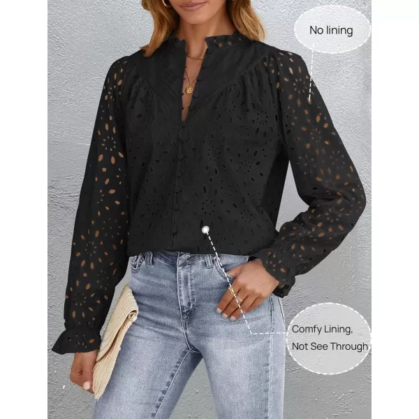 ZESICA Womens Casual Blouse Tops Puff Long Sleeve Button V Neck Hollow Out Eyelet Lace Embroidered 2024 Shirt DressyBlack
