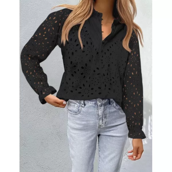 ZESICA Womens Casual Blouse Tops Puff Long Sleeve Button V Neck Hollow Out Eyelet Lace Embroidered 2024 Shirt DressyBlack