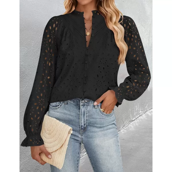 ZESICA Womens Casual Blouse Tops Puff Long Sleeve Button V Neck Hollow Out Eyelet Lace Embroidered 2024 Shirt DressyBlack