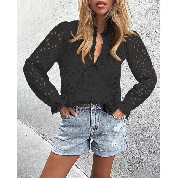 ZESICA Womens Casual Blouse Tops Puff Long Sleeve Button V Neck Hollow Out Eyelet Lace Embroidered 2024 Shirt DressyBlack