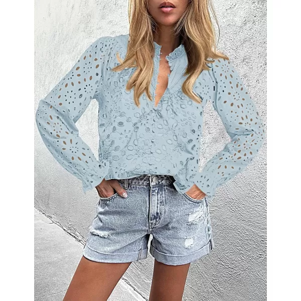 ZESICA Womens Casual Blouse Tops Puff Long Sleeve Button V Neck Hollow Out Eyelet Lace Embroidered 2024 Shirt DressyBlue