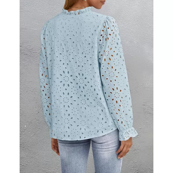 ZESICA Womens Casual Blouse Tops Puff Long Sleeve Button V Neck Hollow Out Eyelet Lace Embroidered 2024 Shirt DressyBlue