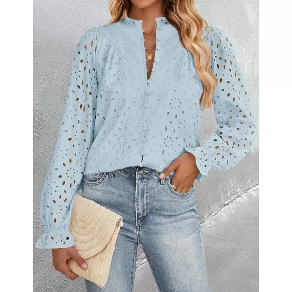 ZESICA Womens Casual Blouse Tops Puff Long Sleeve Button V Neck Hollow Out Eyelet Lace Embroidered 2024 Shirt DressyBlue