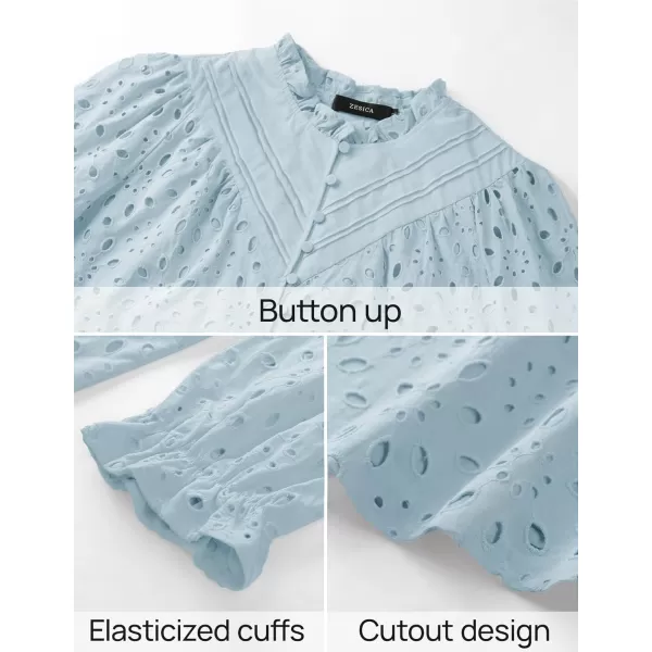 ZESICA Womens Casual Blouse Tops Puff Long Sleeve Button V Neck Hollow Out Eyelet Lace Embroidered 2024 Shirt DressyBlue