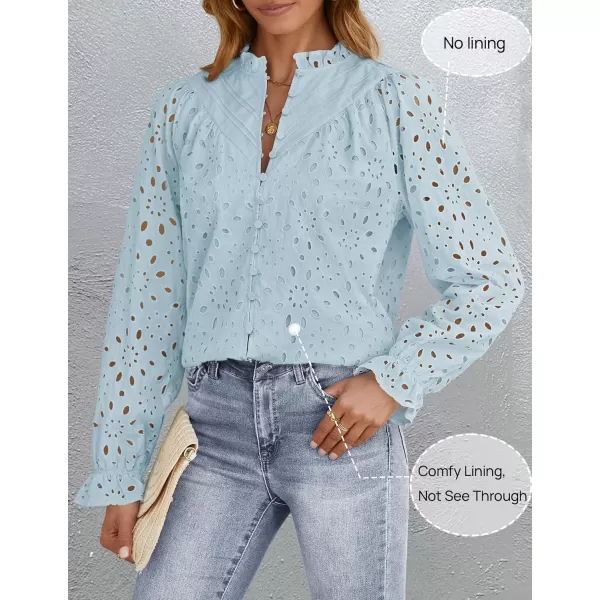ZESICA Womens Casual Blouse Tops Puff Long Sleeve Button V Neck Hollow Out Eyelet Lace Embroidered 2024 Shirt DressyBlue