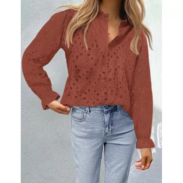 ZESICA Womens Casual Blouse Tops Puff Long Sleeve Button V Neck Hollow Out Eyelet Lace Embroidered 2024 Shirt DressyBrickred
