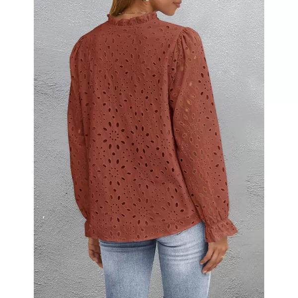 ZESICA Womens Casual Blouse Tops Puff Long Sleeve Button V Neck Hollow Out Eyelet Lace Embroidered 2024 Shirt DressyBrickred