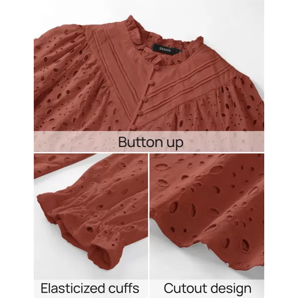 ZESICA Womens Casual Blouse Tops Puff Long Sleeve Button V Neck Hollow Out Eyelet Lace Embroidered 2024 Shirt DressyBrickred