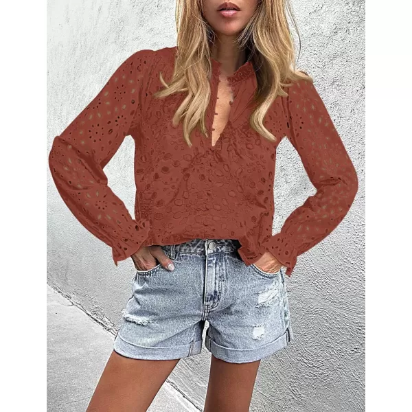 ZESICA Womens Casual Blouse Tops Puff Long Sleeve Button V Neck Hollow Out Eyelet Lace Embroidered 2024 Shirt DressyBrickred