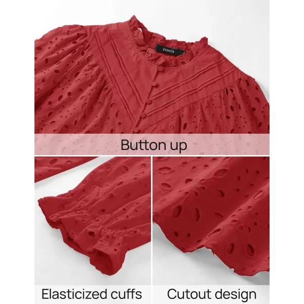 ZESICA Womens Casual Blouse Tops Puff Long Sleeve Button V Neck Hollow Out Eyelet Lace Embroidered 2024 Shirt DressyCoral