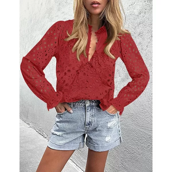 ZESICA Womens Casual Blouse Tops Puff Long Sleeve Button V Neck Hollow Out Eyelet Lace Embroidered 2024 Shirt DressyCoral