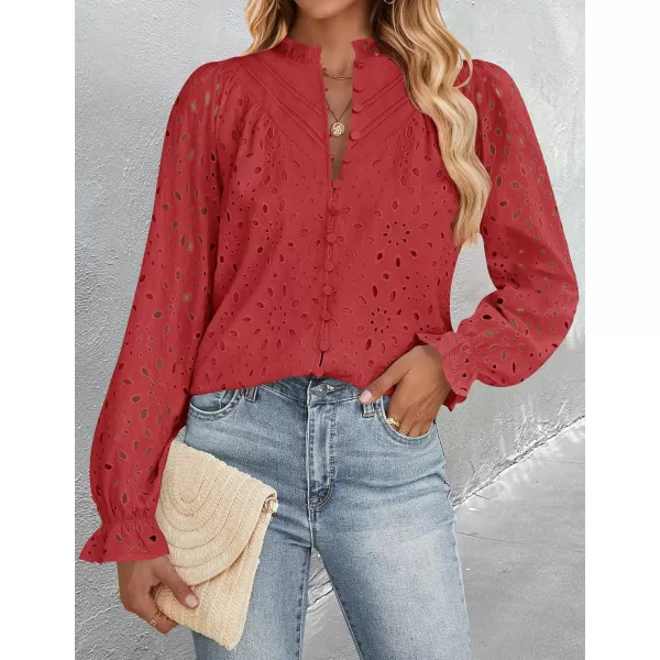 ZESICA Womens Casual Blouse Tops Puff Long Sleeve Button V Neck Hollow Out Eyelet Lace Embroidered 2024 Shirt DressyCoral