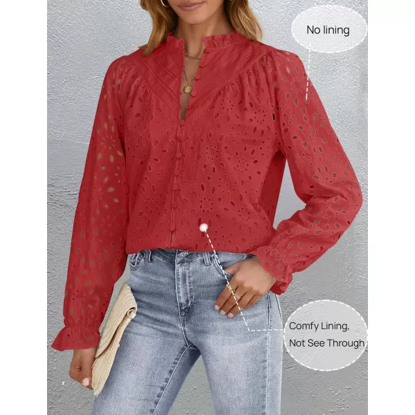 ZESICA Womens Casual Blouse Tops Puff Long Sleeve Button V Neck Hollow Out Eyelet Lace Embroidered 2024 Shirt DressyCoral