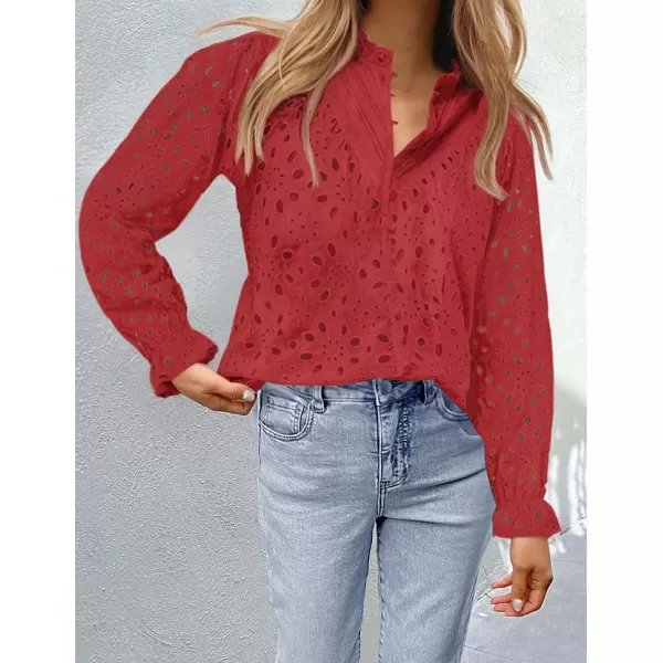 ZESICA Womens Casual Blouse Tops Puff Long Sleeve Button V Neck Hollow Out Eyelet Lace Embroidered 2024 Shirt DressyCoral