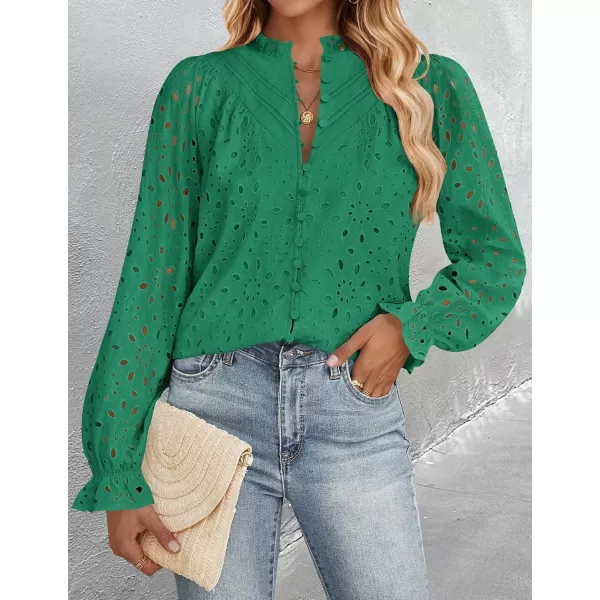 ZESICA Womens Casual Blouse Tops Puff Long Sleeve Button V Neck Hollow Out Eyelet Lace Embroidered 2024 Shirt DressyGreen