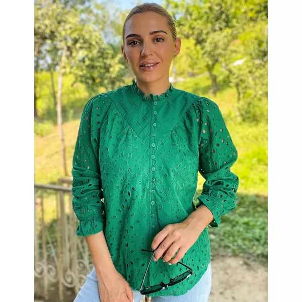 ZESICA Womens Casual Blouse Tops Puff Long Sleeve Button V Neck Hollow Out Eyelet Lace Embroidered 2024 Shirt DressyGreen