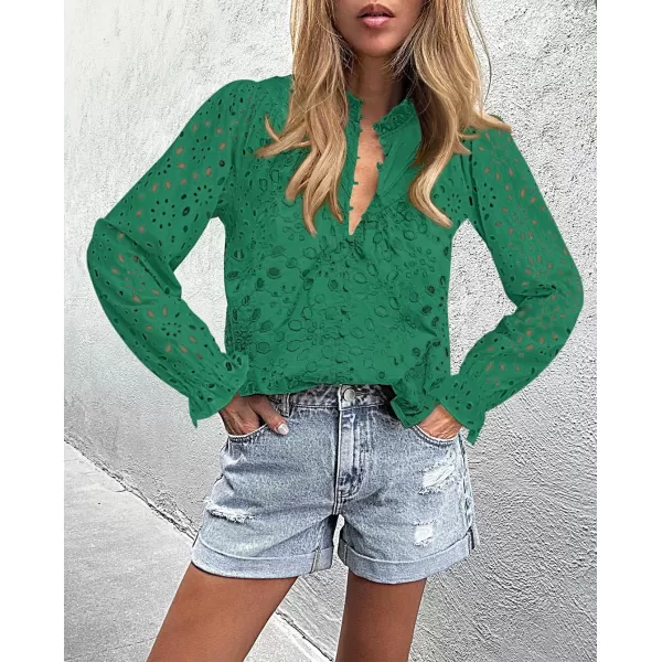 ZESICA Womens Casual Blouse Tops Puff Long Sleeve Button V Neck Hollow Out Eyelet Lace Embroidered 2024 Shirt DressyGreen