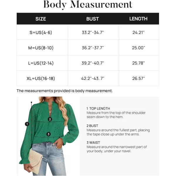ZESICA Womens Casual Blouse Tops Puff Long Sleeve Button V Neck Hollow Out Eyelet Lace Embroidered 2024 Shirt DressyGreen