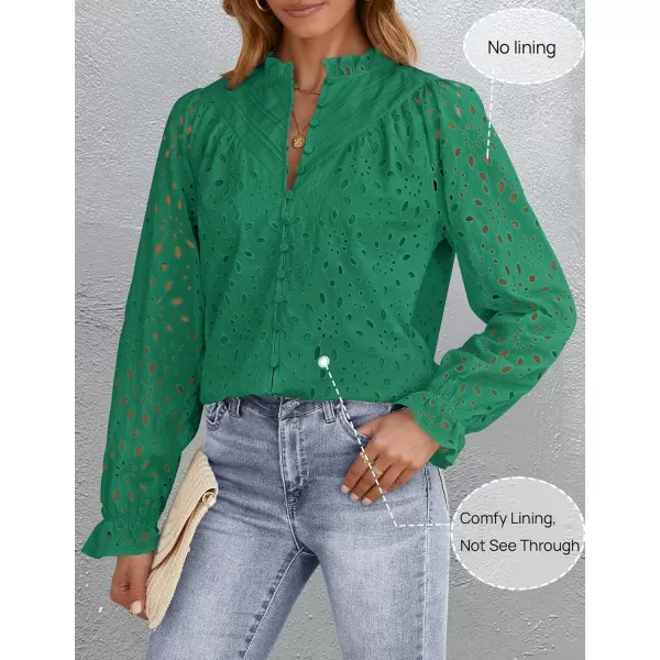 ZESICA Womens Casual Blouse Tops Puff Long Sleeve Button V Neck Hollow Out Eyelet Lace Embroidered 2024 Shirt DressyGreen
