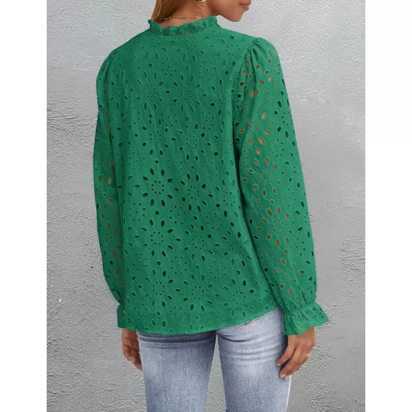 ZESICA Womens Casual Blouse Tops Puff Long Sleeve Button V Neck Hollow Out Eyelet Lace Embroidered 2024 Shirt DressyGreen