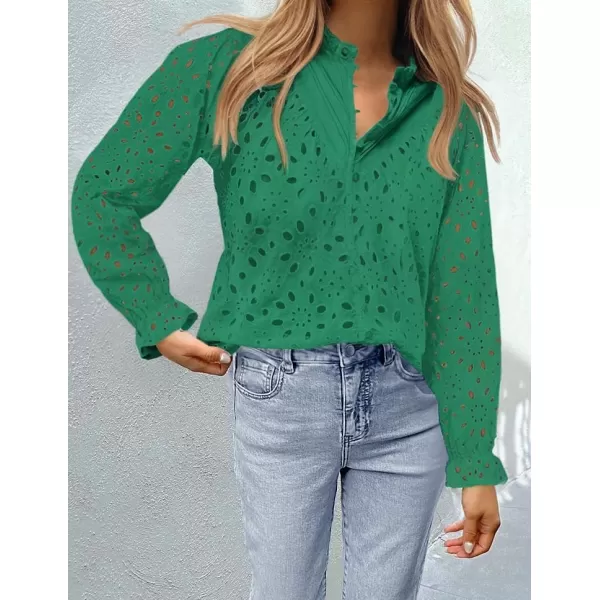 ZESICA Womens Casual Blouse Tops Puff Long Sleeve Button V Neck Hollow Out Eyelet Lace Embroidered 2024 Shirt DressyGreen