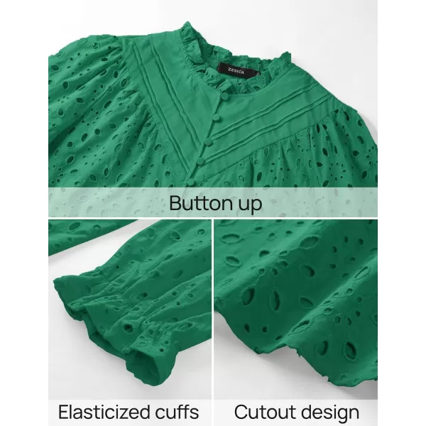 ZESICA Womens Casual Blouse Tops Puff Long Sleeve Button V Neck Hollow Out Eyelet Lace Embroidered 2024 Shirt DressyGreen